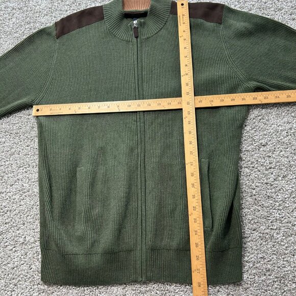 Roundtree & Yorke Sz L Green Full-Zip Ribbed Sweater With Suede Shoulder Patches - Picture 7 of 9